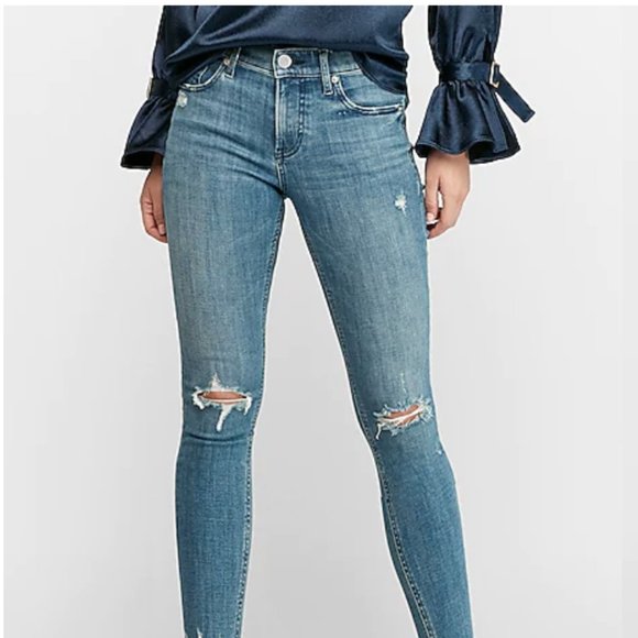 High Waisted Hyper Stretch Ripped Raw Hem Skinny Jeans - Picture 3 of 8